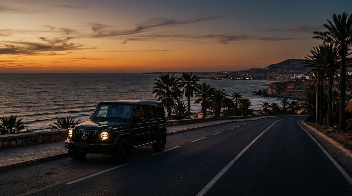 Mercedes G-Class noir sur la côte d'Agadir au coucher du soleil